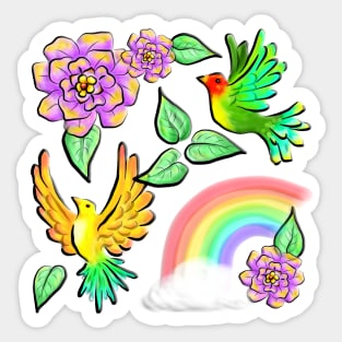 Birds Flowers and Rainbows Doodle Pattern Sticker